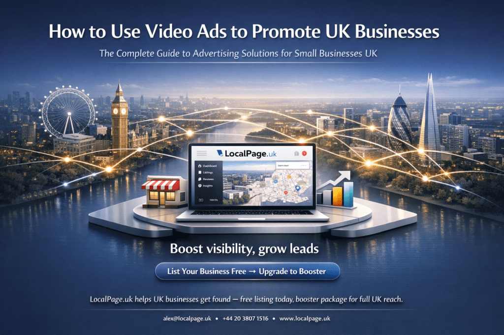 Minimal UK video advertising concept showing video ads promoting small businesses with London skyline and digital growth interface