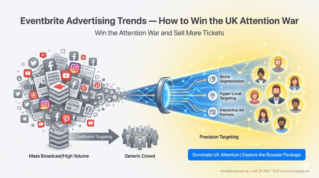 Hero image showing Eventbrite advertising with glowing yellow accents ticket icon and blue CTA button