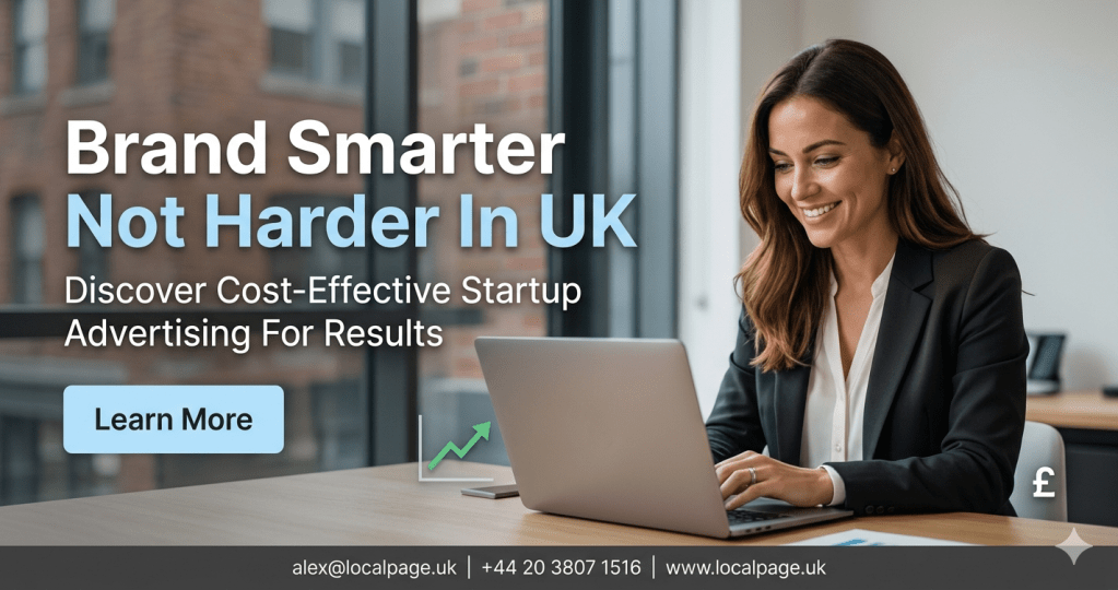 Professional businesswoman in clean UK office reviewing data on laptop with growth graphs and UK branding elements.