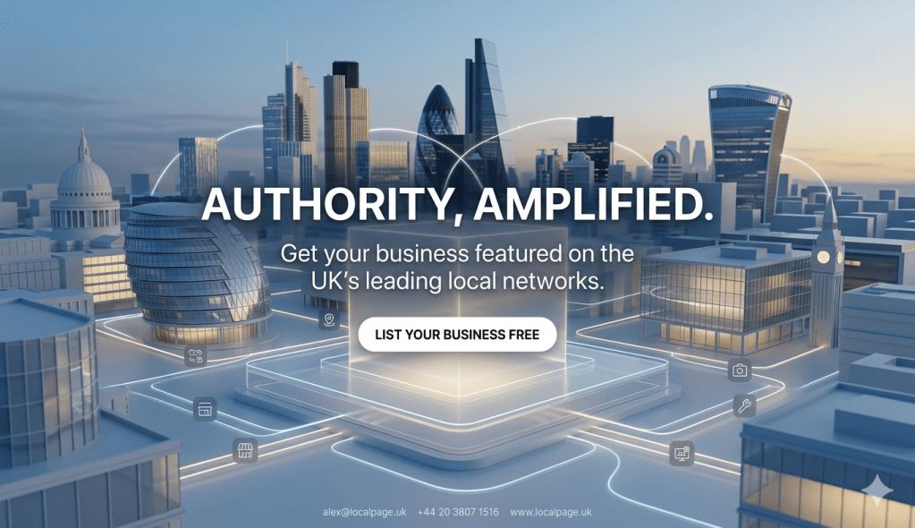 3D minimalist London skyline with glowing digital network connections.