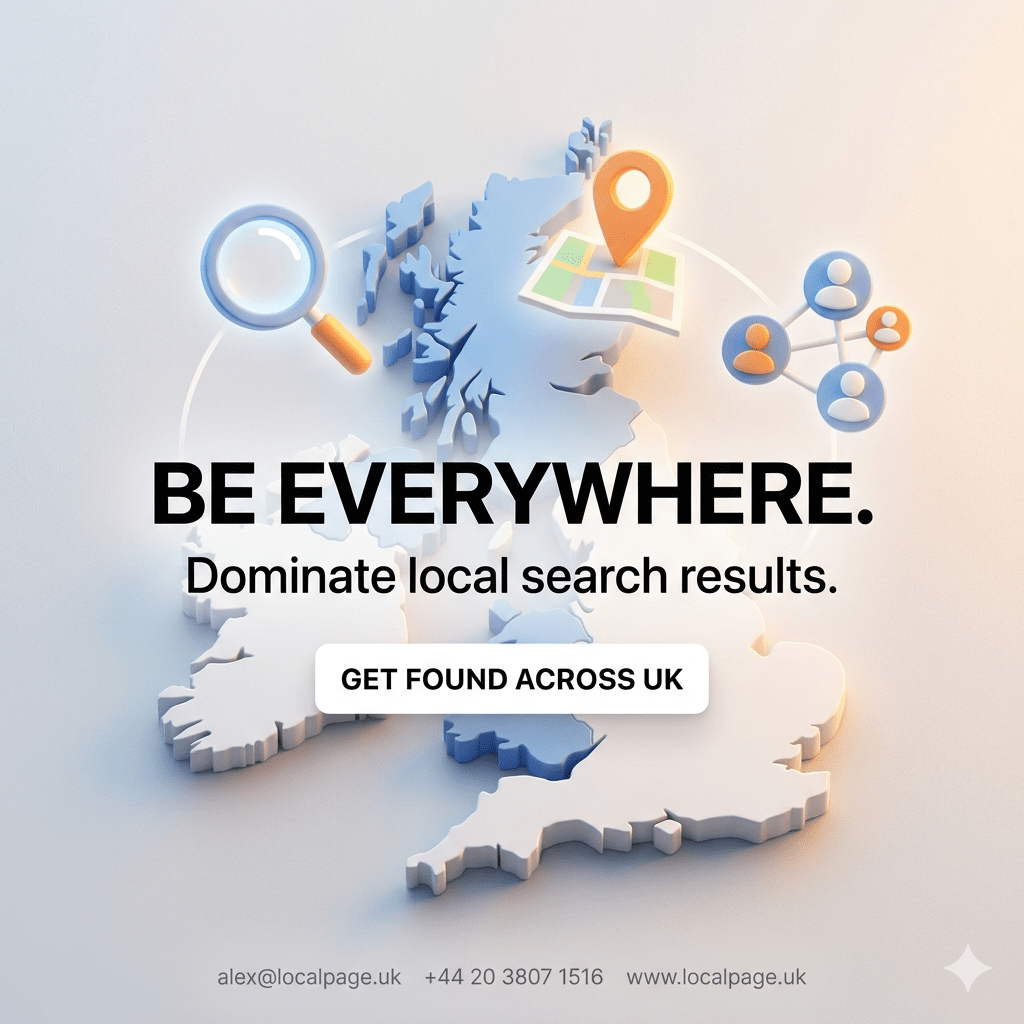 Minimalist 3D icons representing search visibility and business growth.